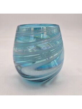 Mexican Recycled Wine Glass Blue White Swirl Iridescent Novica Artisan Handblown